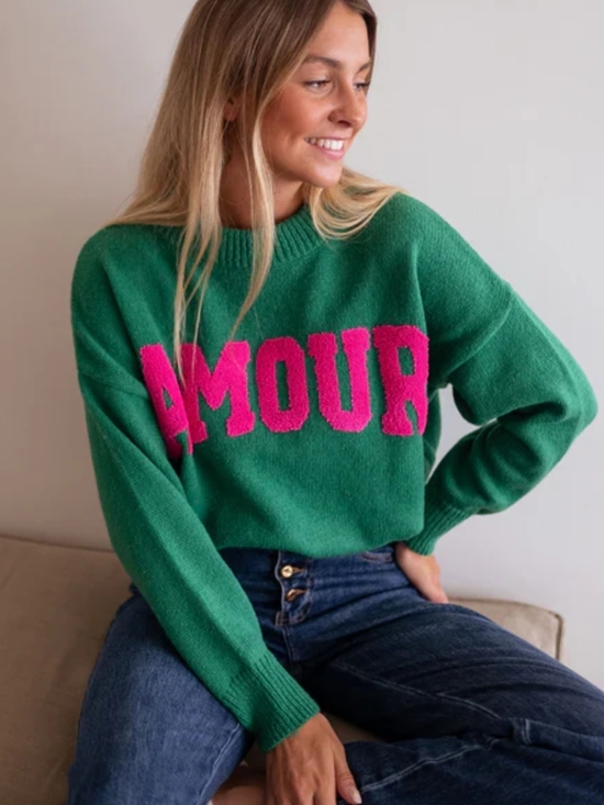 Hooked Up by IOT Sweaters - Hooked Up by IOT Green Crewneck Sweater with Pink "AMOUR" Lettering